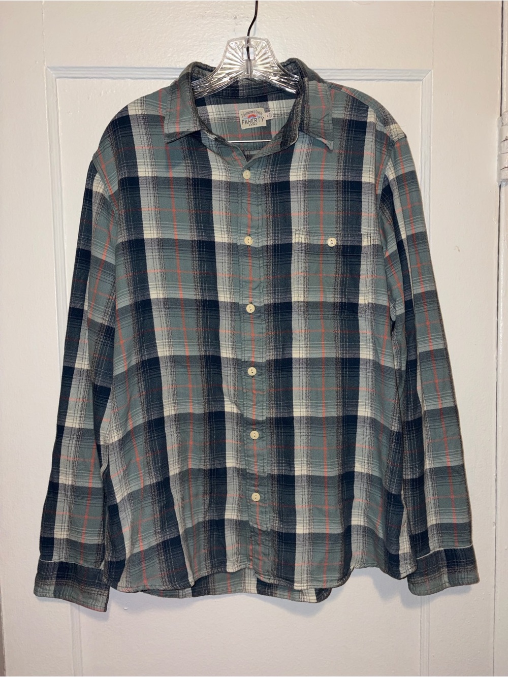 Faherty Mens Plaid Long Sleeve Button Up Shirt Blue Fall Casual Cotton Large